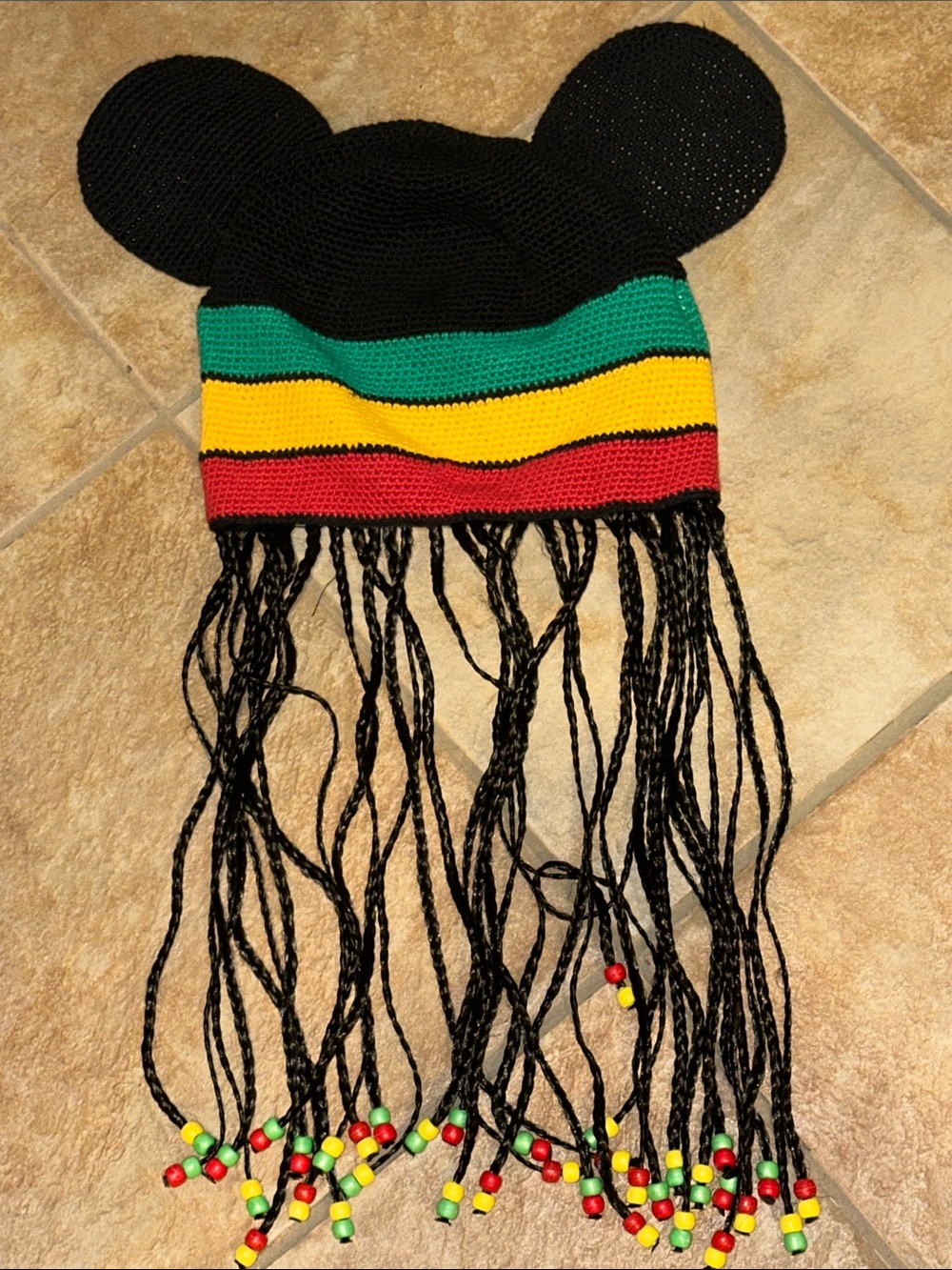 Disney Black Knit Ear Hat with Green, Yellow & Red Stripes Rasta braids
